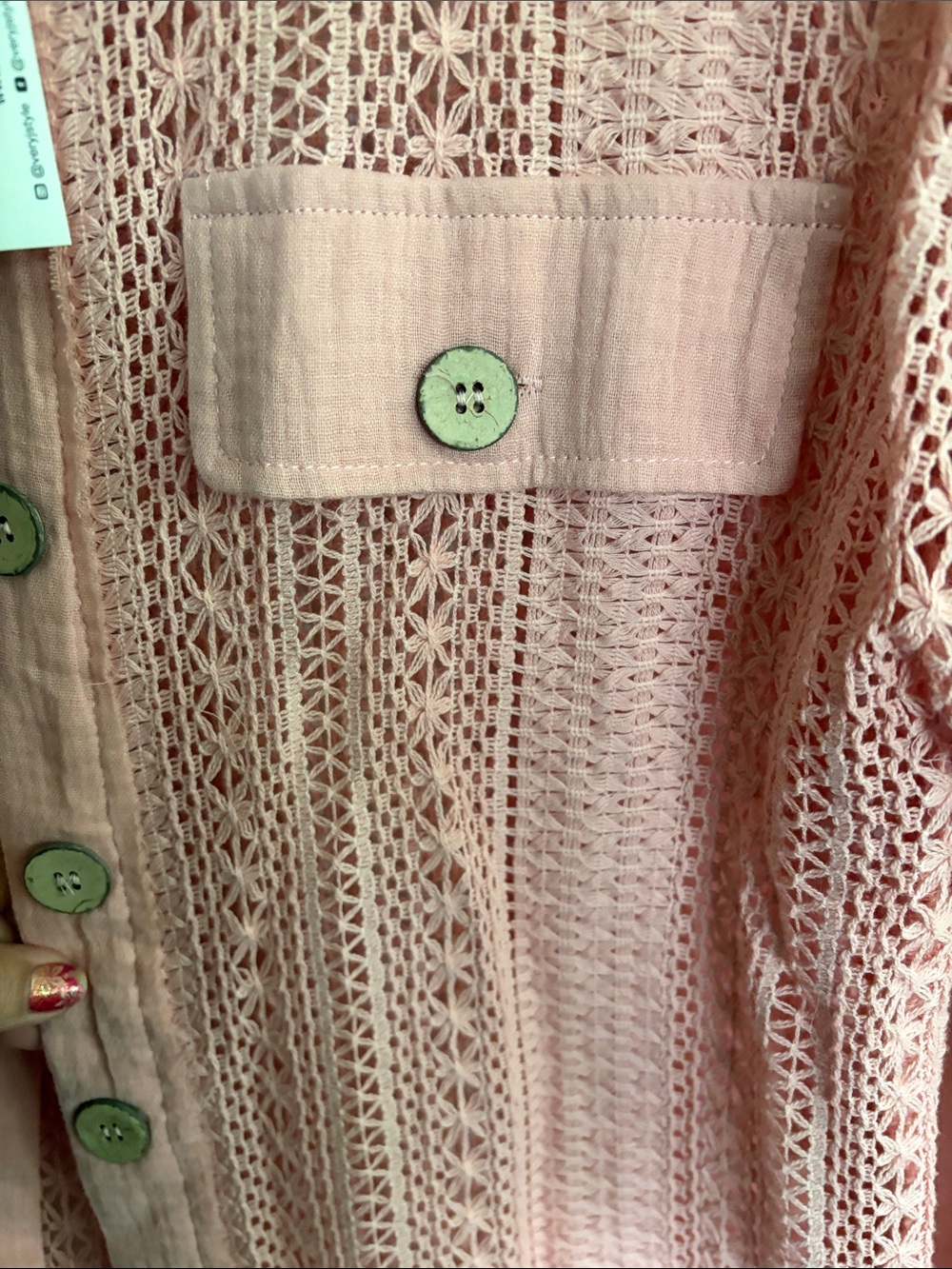 New In size small, Open Weave Button-Front Shirt Jacket in Dusty Pink - Picture 5 of 6